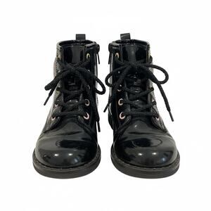 Girls Jellypop Black Patent Combat Boots Heart Glitter Patch Size 1M Side Zip